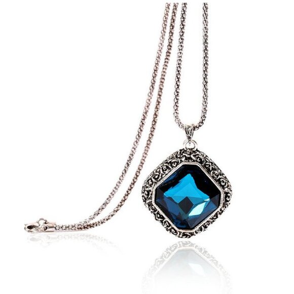 3/$35 Rhombus Blue Gemstone Long Pendant Chain Necklace Crystal Stone Women - Picture 5 of 8